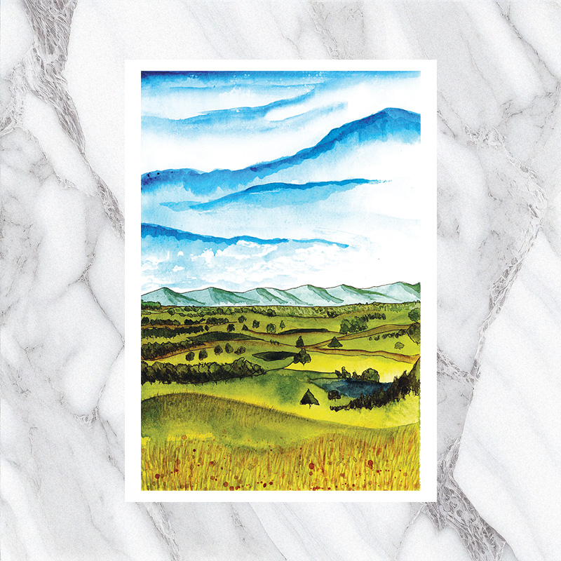 A5 Tasmanian Farm Hills Watercolour Painting Print - Image 3