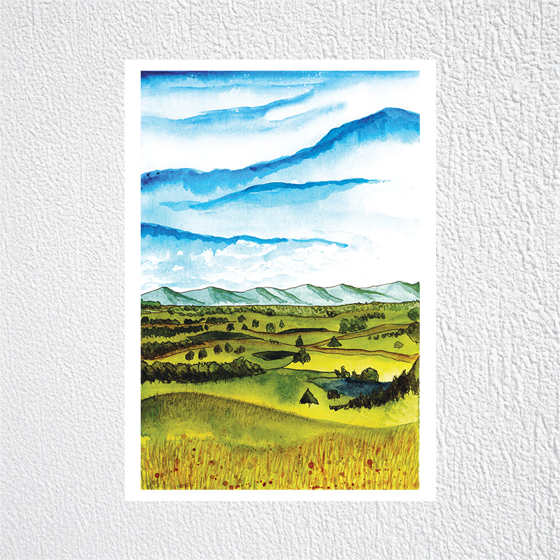 A5 Tasmanian Farm Hills Watercolour Painting Print