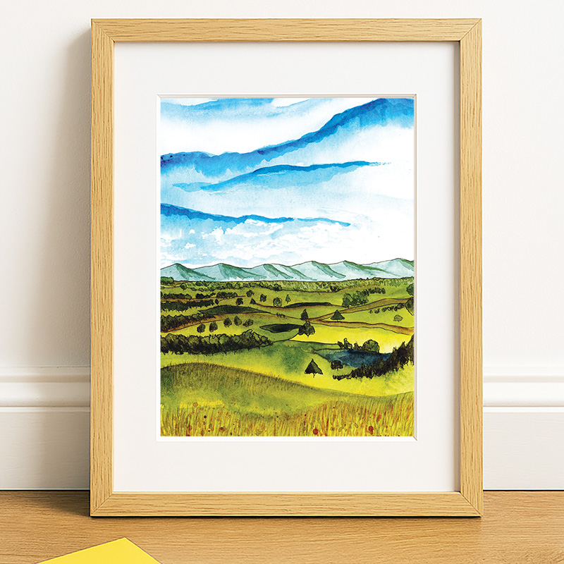 A5 Tasmanian Farm Hills Watercolour Painting Print - Image 2