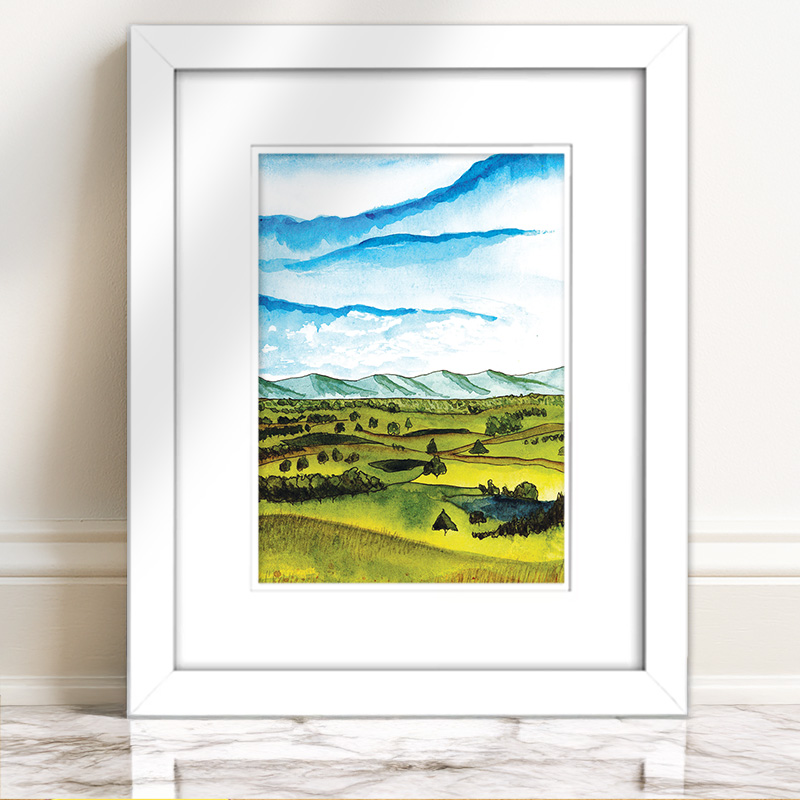 A5 Tasmanian Farm Hills Watercolour Painting Print - Image 4