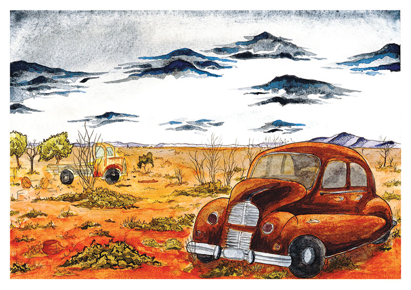 Watercolour painting print of Flinders Ranges Car