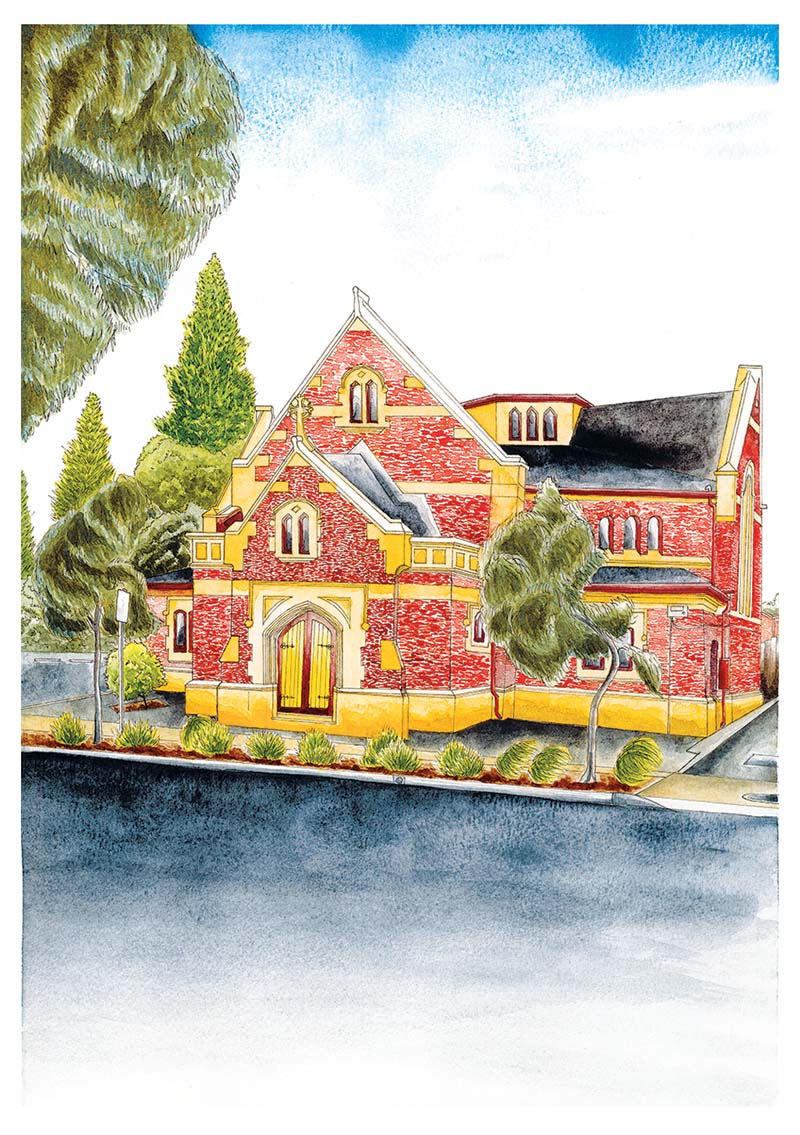 Henley Fulham Uniting Church Watercolour Painting Print by South Australian Artist Calista Cox