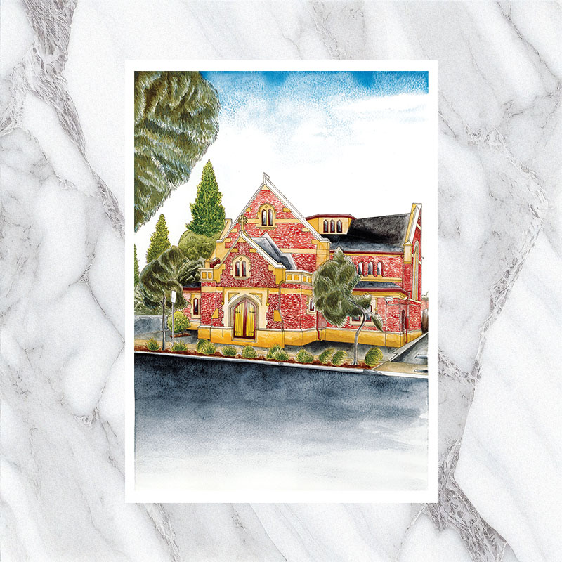 Henley Fulham Uniting Church Watercolour Painting Print by South Australian Artist Calista Cox