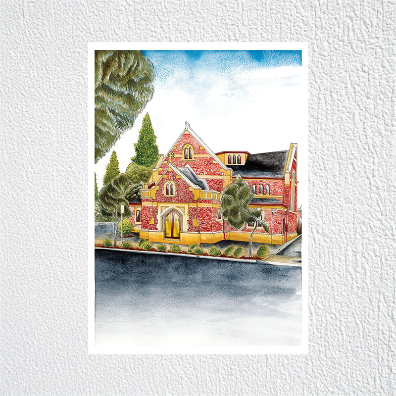 Henley Fulham Uniting Church Watercolour Painting Print by South Australian Artist Calista Cox