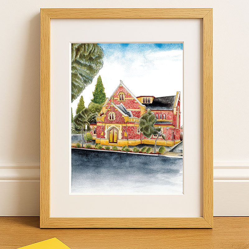 Henley Fulham Uniting Church Watercolour Painting Print by South Australian Artist Calista Cox