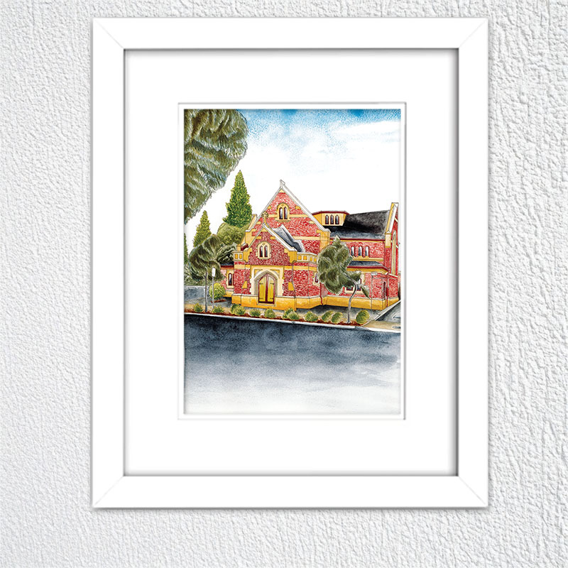 Henley Fulham Uniting Church Watercolour Painting Print by South Australian Artist Calista Cox