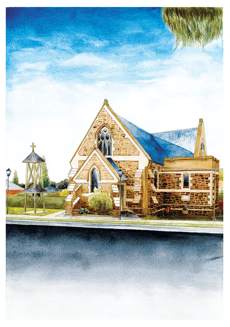 Henley Fulham Uniting Church Watercolour Painting Print by South Australian Artist Calista Cox